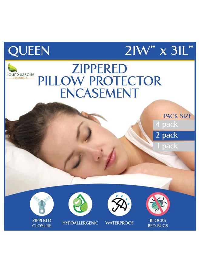 Four Seasons Essentials Queen Size Waterproof Pillow Protectors (Set of 2) – Zippered Hypoallergenic Pillowcase Cover Allergen Dust Proof Encasement - Image 1
