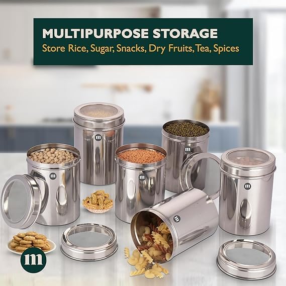 MARU 1kg Approx Stainless Steel Container with Lid Set of 6 (1250ml) See-Through Transparent Lid, Airtight Dabba Canister Set for Kitchen Storage, Perfect Jar Box for Food - Dal Lentils, Pulses,Grains - Image 4