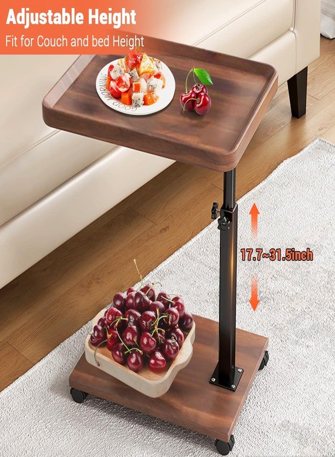 BouPower C Table End Table Adjustable Height, 360°Swivel TV Tray Tables for Small Spaces, That Slide Under Sofa with Wheels, Side Tables for Eating On Couch, Bedroom or Livingroom, Walnut - Image 3