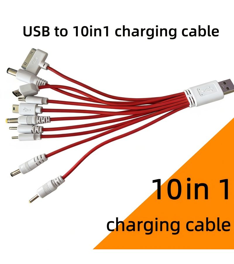 10 في 1 كابل شحن USB أحمر عالمي متعدد الكابلات بعشرة منافذ من مادة PVC ماتي - Image 2