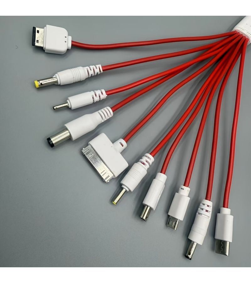 10 في 1 كابل شحن USB أحمر عالمي متعدد الكابلات بعشرة منافذ من مادة PVC ماتي - Image 5