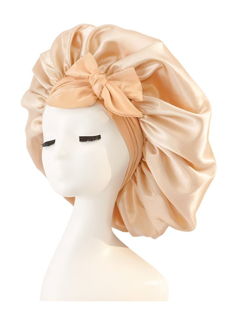 1 Set Hair Bonnet Wide Band - Silk Like Sleeping Bonnets for Curly Hair Night Cap with Tie Band for Women and Girls (Beige) - Image 3