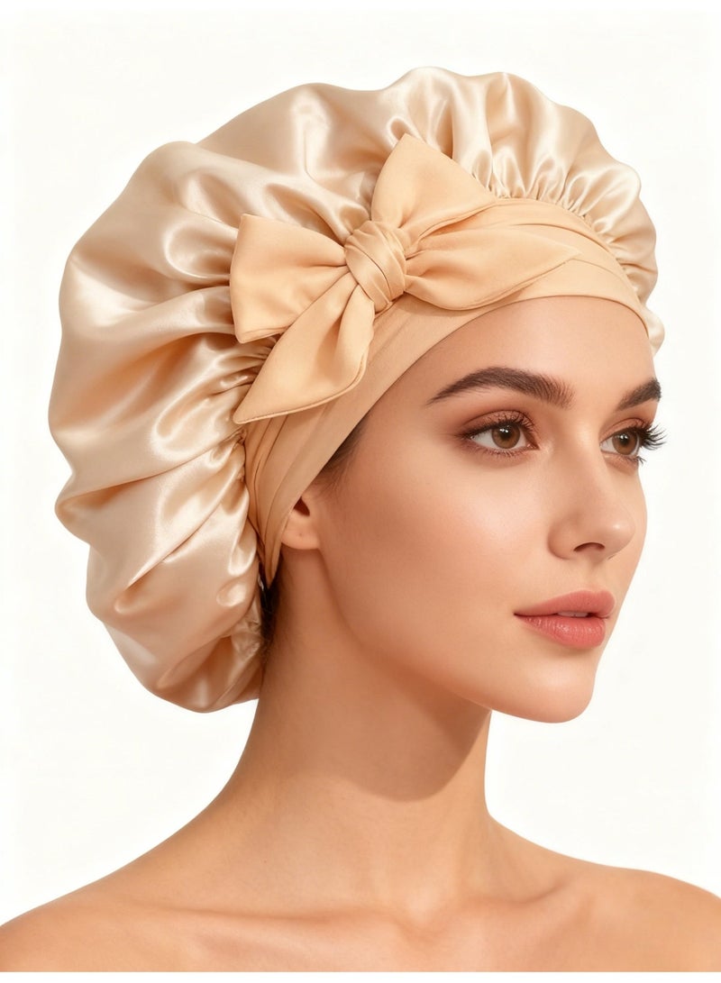 1 Set Hair Bonnet Wide Band - Silk Like Sleeping Bonnets for Curly Hair Night Cap with Tie Band for Women and Girls (Beige) - Image 1
