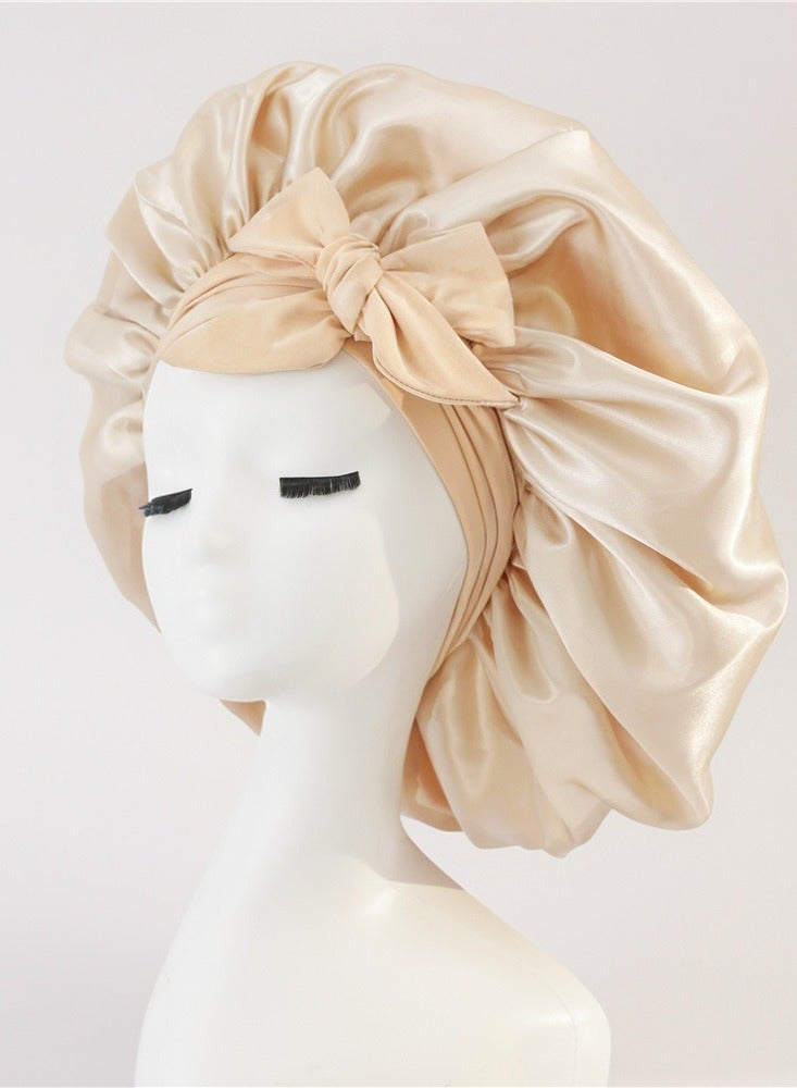 1 Set Hair Bonnet Wide Band - Silk Like Sleeping Bonnets for Curly Hair Night Cap with Tie Band for Women and Girls (Beige) - Image 2