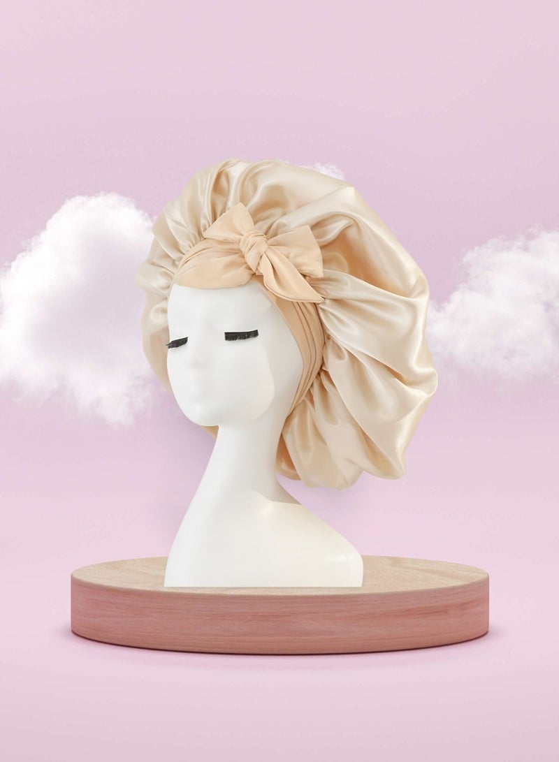 1 Set Hair Bonnet Wide Band - Silk Like Sleeping Bonnets for Curly Hair Night Cap with Tie Band for Women and Girls (Beige) - Image 4
