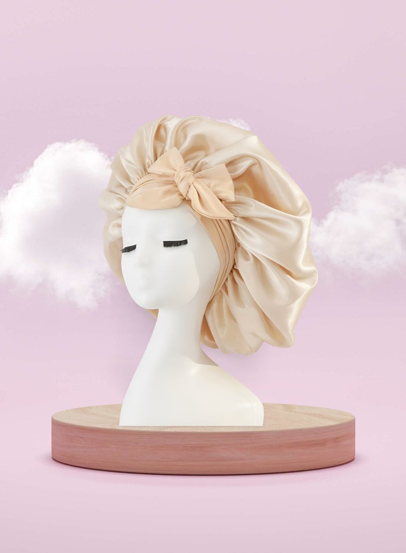 Generic 1 Set Hair Bonnet Wide Band - Silk Like Sleeping Bonnets for Curly Hair Night Cap with Tie Band for Women and Girls (Beige)  - Image 3