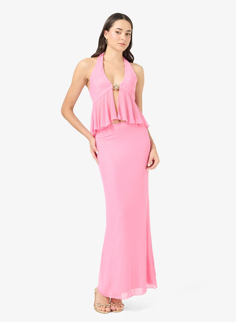 Ginger Halter Neck Top & Skirt Coord Set with Golden Accent