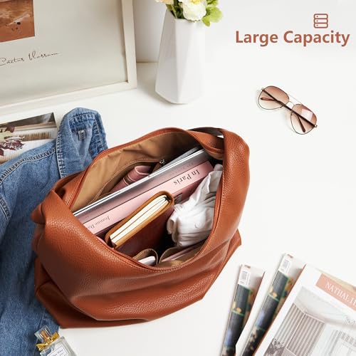 KALIDI Casual Tote Bag Vegan Leather Hobo Zipper Work Bag Weekender Shoulder for Women Shoulder Travel Purse (Tan) - Image 2
