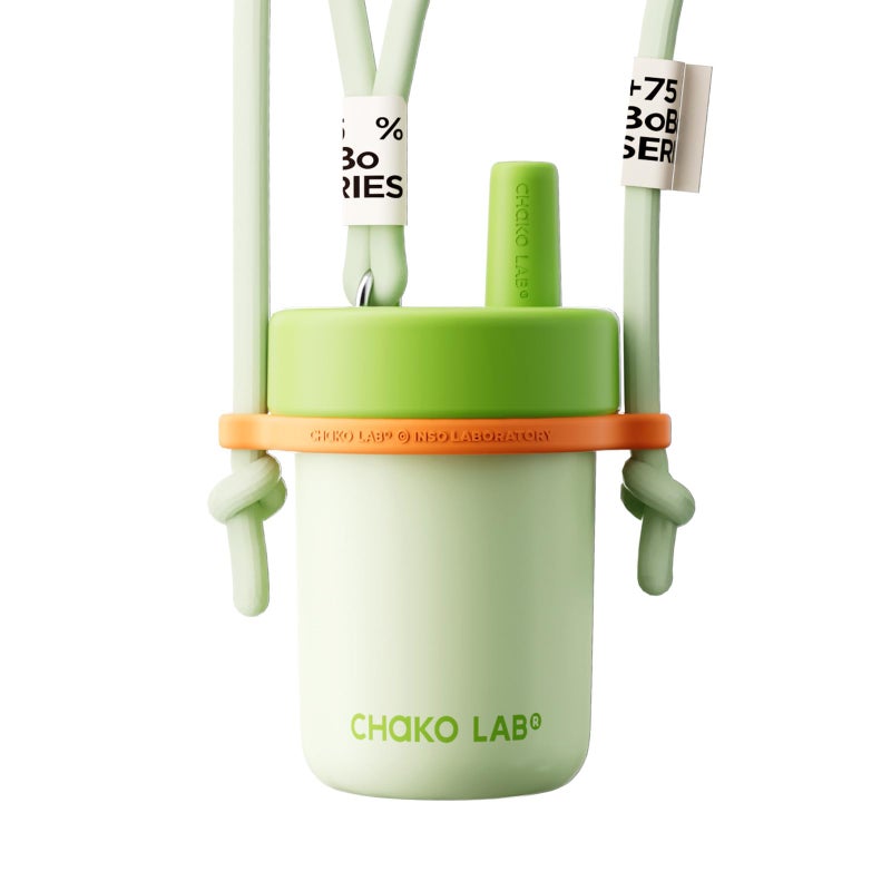 CHAKO LAB Kids Water Bottle with Carrying Rope and Straps Vacuum Insulated Stainless Steel 16oz for School and Trvels Two Travel Carrying Options Matcha Green