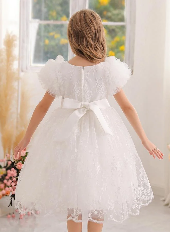 تايك تو فستان حفلات دانتيل وشبك بطبعة زهور وتفاصيل فيونكة للبنات