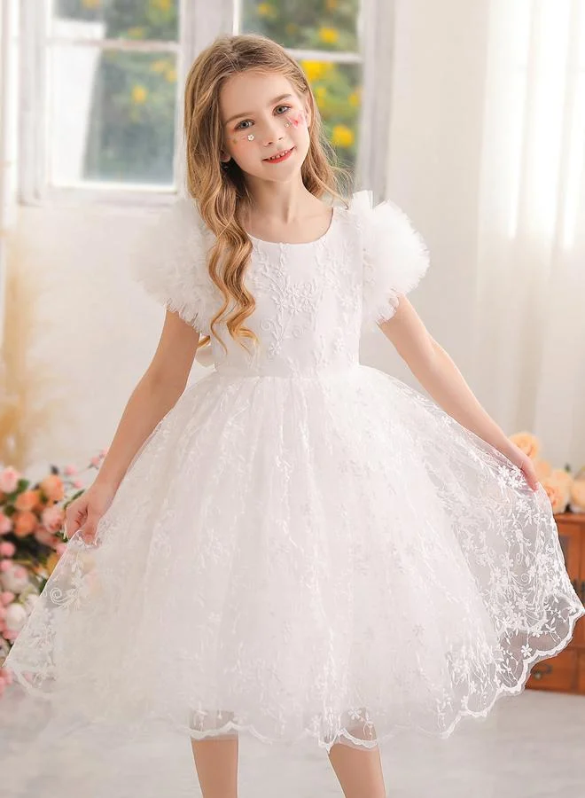 تايك تو فستان حفلات دانتيل وشبك بطبعة زهور وتفاصيل فيونكة للبنات