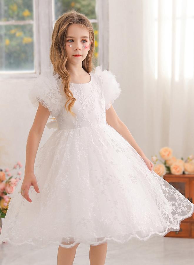 Take Two Girls Floral Mesh All Lace Bow Detail Party Dress - Image 5