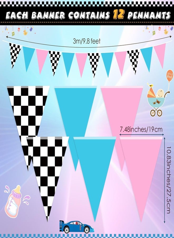 Glenmal 5 Pcs Gender Reveal Party Decorations Pink Blue Pennant Banner Checkered Race Car Hanging Paper Flags Triangle Bunting for Boys or Girls Gender Reveal Decor Baby Shower Birthday Party Supplies - Image 2