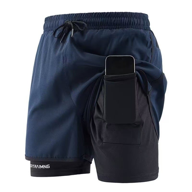 Cross-border Sports Shorts Running Special Loose Anti-slip Triple Pants Double-layer Quick-drying Workwear Casual Pants Printed Dark blue【1920】rp