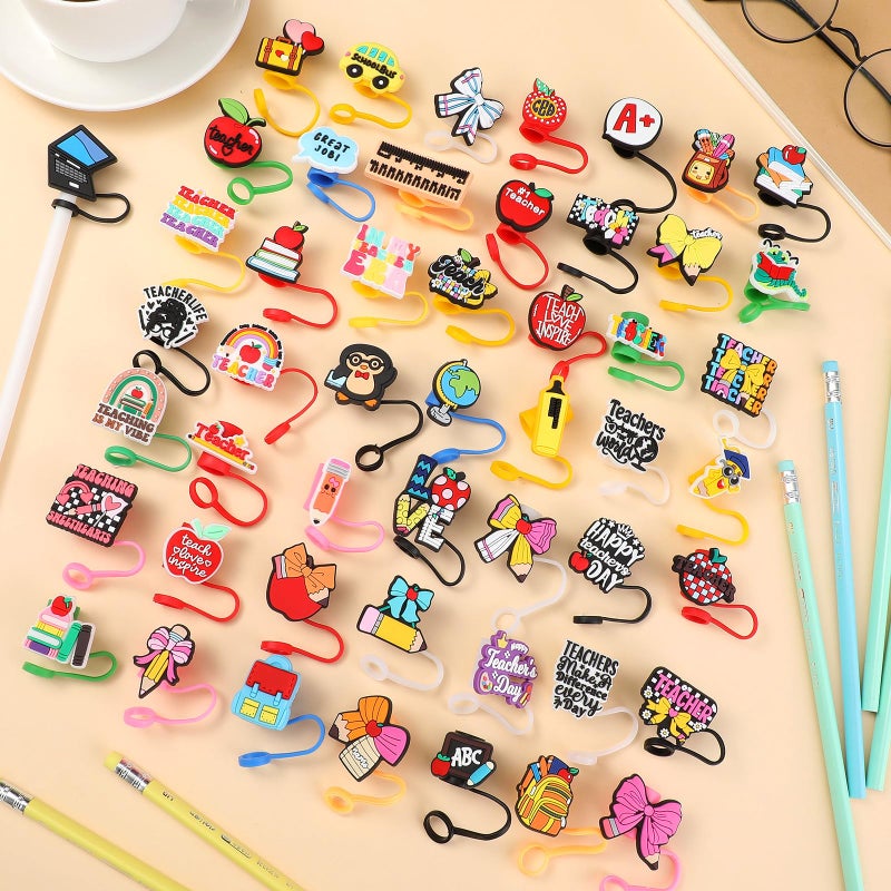 Willinglong 50 Pcs Teachers Appreciation Gifts Bulk Straw Topper Cover Cap 10 mm for Tumbler Cups Reusable PVC Teachers Appreciation Week Thank You Gift Accessories for Employee Staff Graduation Party - Image 2