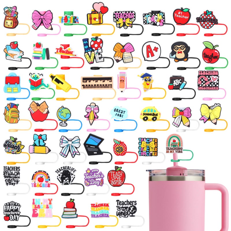 Willinglong 50 Pcs Teachers Appreciation Gifts Bulk Straw Topper Cover Cap 10 mm for Tumbler Cups Reusable PVC Teachers Appreciation Week Thank You Gift Accessories for Employee Staff Graduation Party - Image 1
