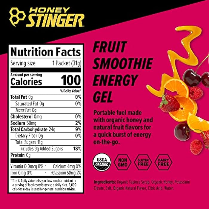 Honey Stinger جيل الطاقة من هوني ستينجر، سموذي فواكه عضوي، خالي من الجلوتين والكافيين، للتمارين، الجري والأداء، تغذية رياضية للمنزل والصالة الرياضية، قبل وأثناء التمرين، 12 عبوة، 13.2 أونصة - Image 2