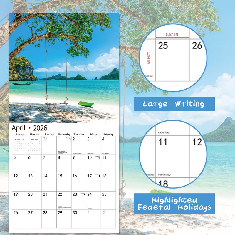 windrio 2026 Wall Calendar,Calendar 2026, November 2025 - December 2026, Wall Calendar Tropical Beaches, 12" x 24" Opened,Full Page Months Thick & Sturdy Paper for Calendar Organizing & Planning - Image 4