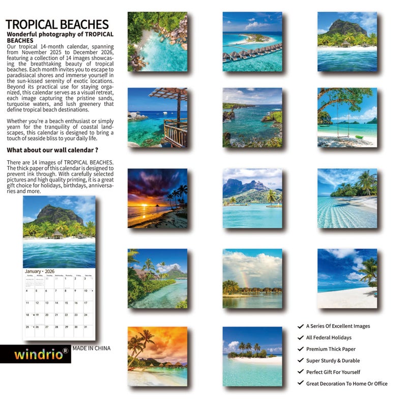windrio 2026 Wall Calendar,Calendar 2026, November 2025 - December 2026, Wall Calendar Tropical Beaches, 12" x 24" Opened,Full Page Months Thick & Sturdy Paper for Calendar Organizing & Planning - Image 2