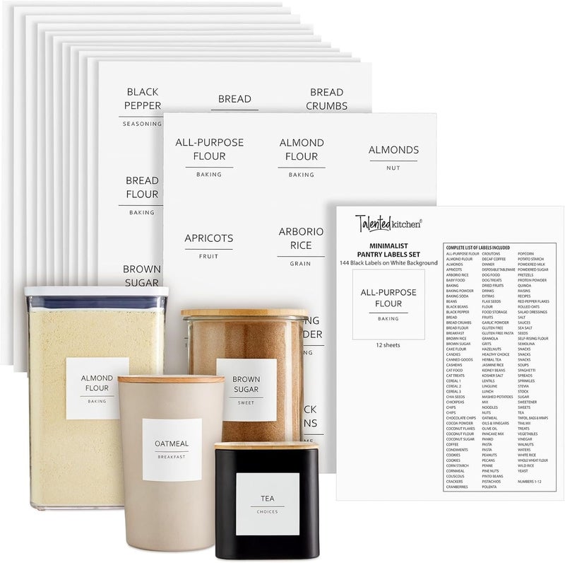 Talented Kitchen 144 Pantry Labels for Containers, Food Storage - Preprinted Black All-Caps on Matte White Vinyl Stickers for Minimalist Style Kitchen (Water Resistant) - Image 1