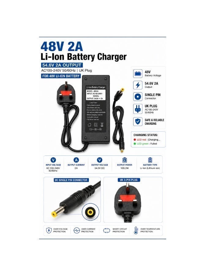 Fukukawa شاحن فوكوكابا® ‎48V 2A للسكوتر الكهربائي والدراجة الكهربائية | شاحن بطارية ليثيوم ذكي وسريع بخروج ‎DC ‎54.6V | قدرة قصوى ‎115W مع ‎220V ‎50Hz | محول طاقة آمن وموثوق لسكوترات ودراجات التوصيل الكهربائية - Image 5