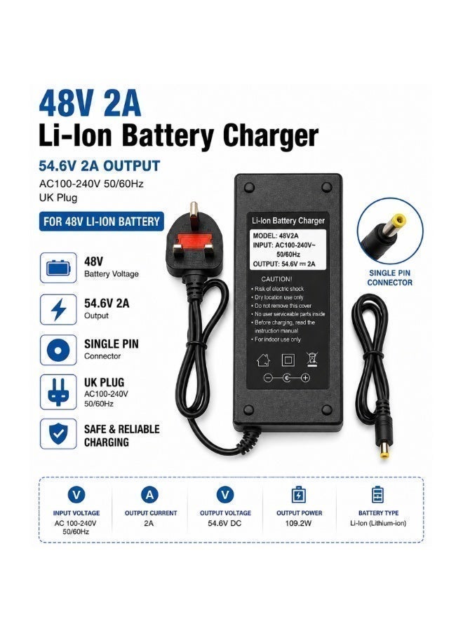 Fukukawa شاحن فوكوكابا® ‎48V 2A للسكوتر الكهربائي والدراجة الكهربائية | شاحن بطارية ليثيوم ذكي وسريع بخروج ‎DC ‎54.6V | قدرة قصوى ‎115W مع ‎220V ‎50Hz | محول طاقة آمن وموثوق لسكوترات ودراجات التوصيل الكهربائية - Image 1