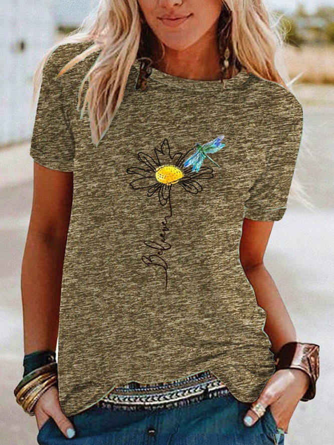 wish Dragonfly daisy pattern printed contrast short sleeve t-shirt for women - Image 3