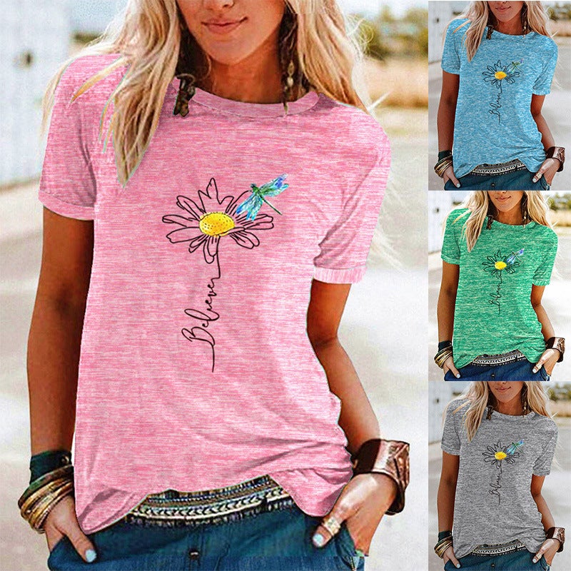 wish Dragonfly daisy pattern printed contrast short sleeve t-shirt for women - Image 2