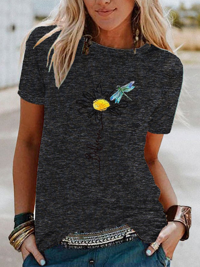 wish Dragonfly daisy pattern printed contrast short sleeve t-shirt for women - Image 1