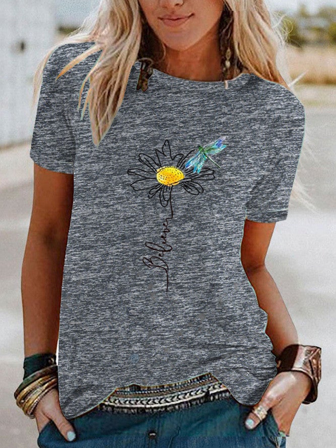 wish Dragonfly daisy pattern printed contrast short sleeve t-shirt for women - Image 5