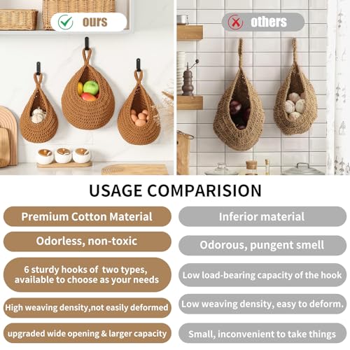 INJORAN Boho Wall Hanging Fruit Baskets for Kitchen 3 Pack Woven Produce Holder with 6 Pcs Strong Hooks Vegetable Hanging Basket for Organizing Teardrop Home Wall Potato Onion Storage, Caramel - Image 3