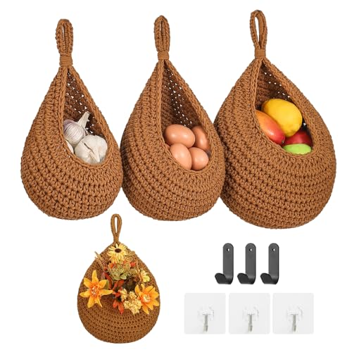 INJORAN Boho Wall Hanging Fruit Baskets for Kitchen 3 Pack Woven Produce Holder with 6 Pcs Strong Hooks Vegetable Hanging Basket for Organizing Teardrop Home Wall Potato Onion Storage, Caramel - Image 1