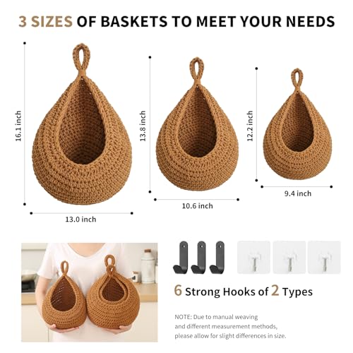 INJORAN Boho Wall Hanging Fruit Baskets for Kitchen 3 Pack Woven Produce Holder with 6 Pcs Strong Hooks Vegetable Hanging Basket for Organizing Teardrop Home Wall Potato Onion Storage, Caramel - Image 4