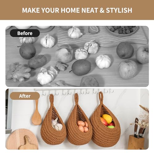 INJORAN Boho Wall Hanging Fruit Baskets for Kitchen 3 Pack Woven Produce Holder with 6 Pcs Strong Hooks Vegetable Hanging Basket for Organizing Teardrop Home Wall Potato Onion Storage, Caramel - Image 5