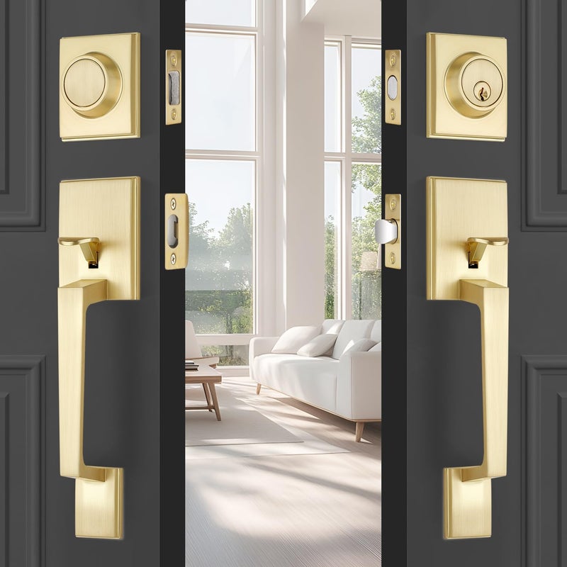EHOMEWARE Brass Double Front Door Handle Set Gold Heavy Duty Square Door Lever and Single Cylinder Deadbolt Combo for Side by Side Entrance Exterior Doors Satin Brass Finish