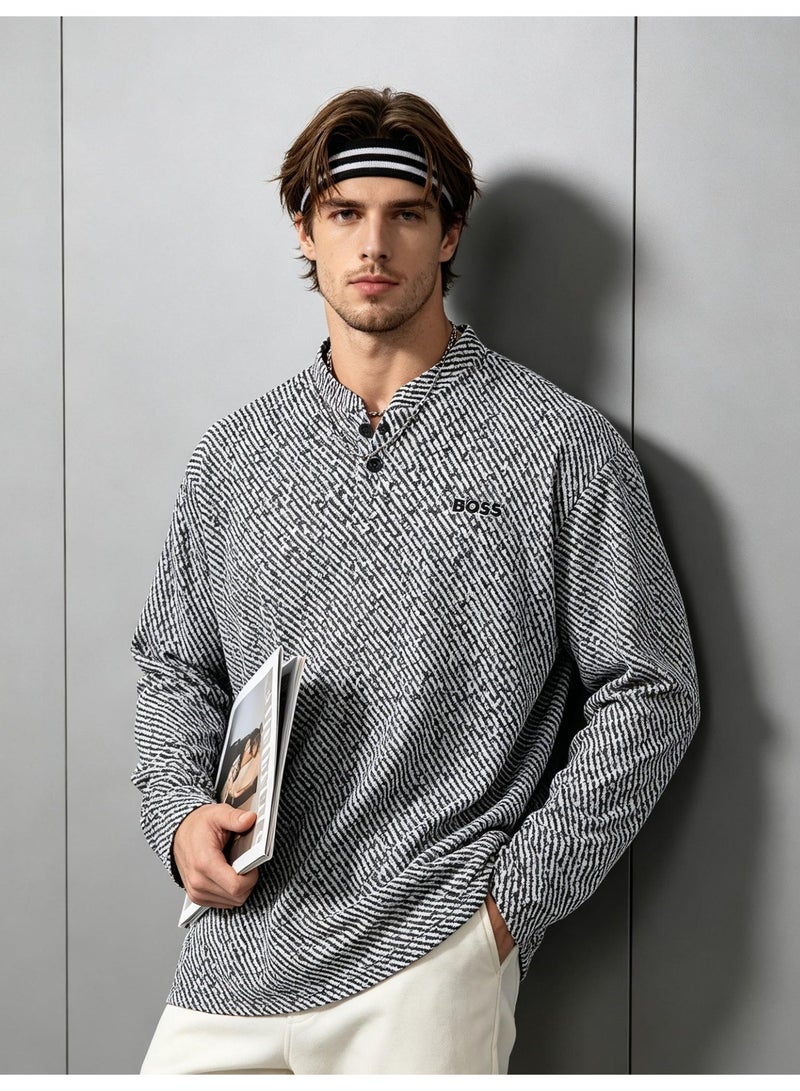 BOSS Henley Neck Long Sleeve Shirt For Men's Women's, Black White Stripe - Image 2
