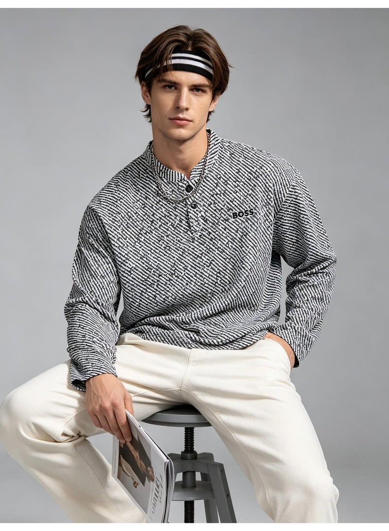 BOSS Henley Neck Long Sleeve Shirt For Men's Women's, Black White Stripe - Image 1