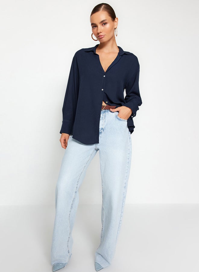 trendyol Navy Blue Basic Oversize Wide Fit Woven Shirt TWOAW24GO00207 - Image 3