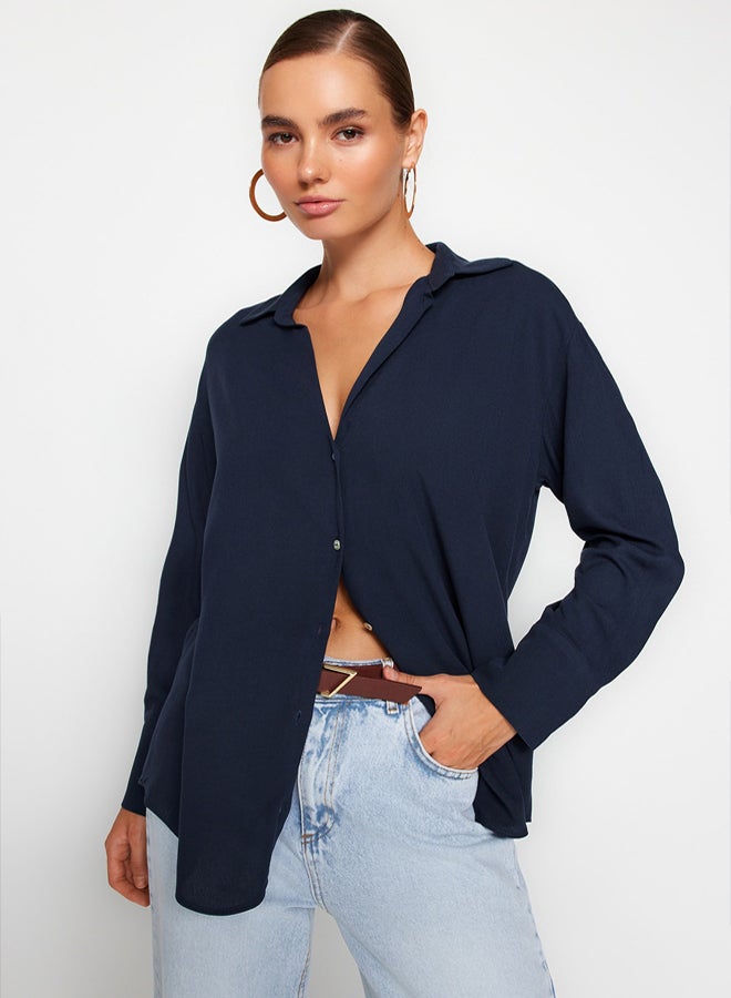 trendyol Navy Blue Basic Oversize Wide Fit Woven Shirt TWOAW24GO00207 - Image 2