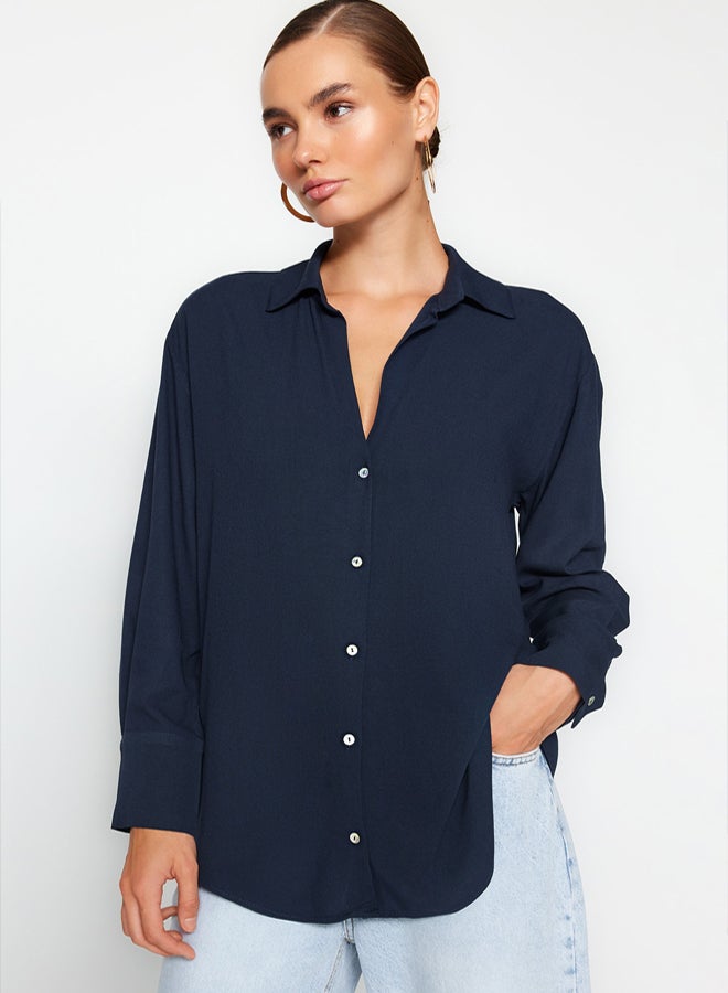 trendyol Navy Blue Basic Oversize Wide Fit Woven Shirt TWOAW24GO00207 - Image 4