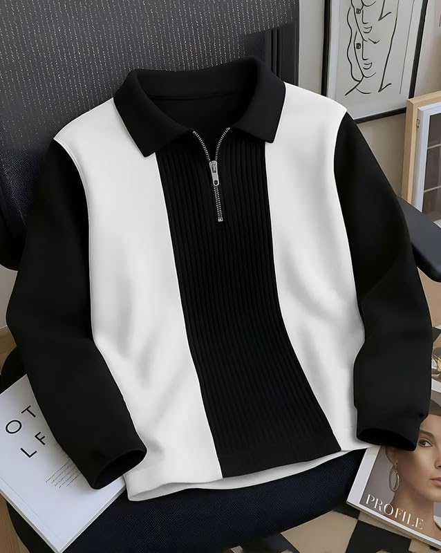 AUSK T-Shirt for Men Zip Neck Texture Self Design Cotton Blend Mens Tshirts Black - Image 2