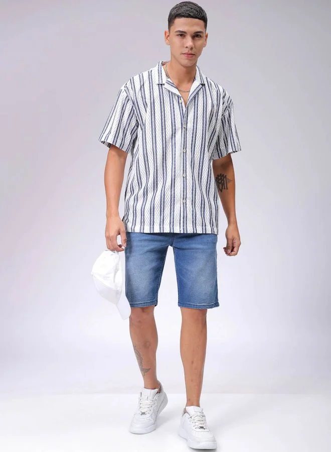 شركة المرآب الهندية Men Relaxed Fit Striped Half Sleeves Cuban Collar Resort Wear Shirt