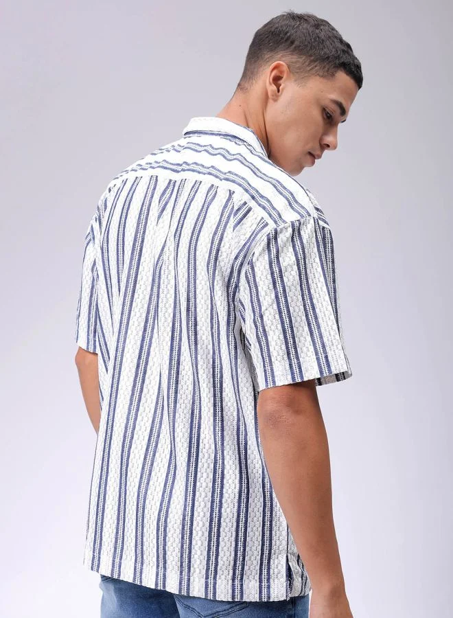 شركة المرآب الهندية Men Relaxed Fit Striped Half Sleeves Cuban Collar Resort Wear Shirt