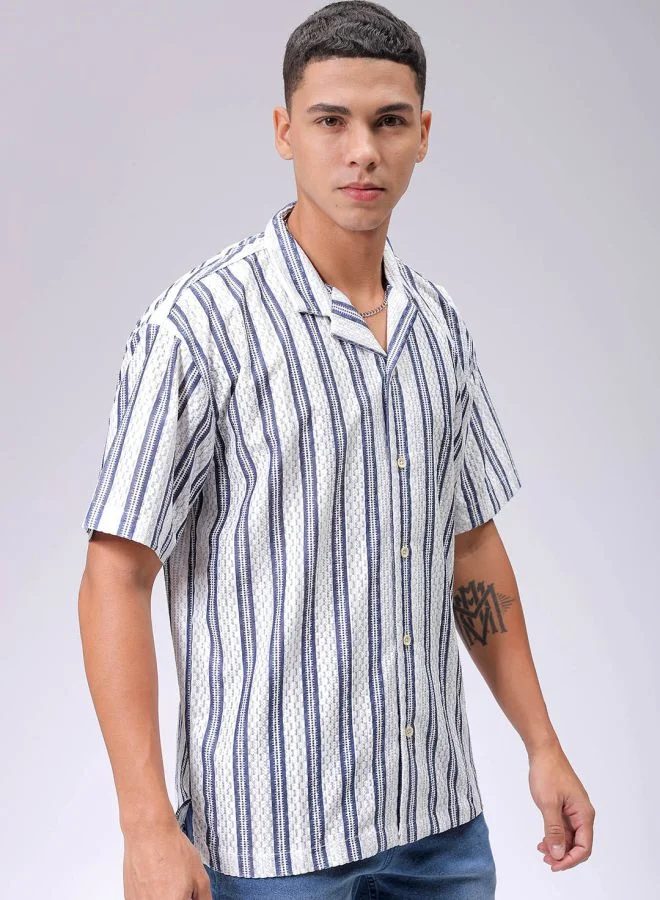 شركة المرآب الهندية Men Relaxed Fit Striped Half Sleeves Cuban Collar Resort Wear Shirt