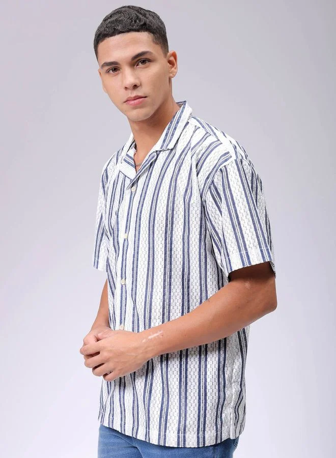 شركة المرآب الهندية Men Relaxed Fit Striped Half Sleeves Cuban Collar Resort Wear Shirt