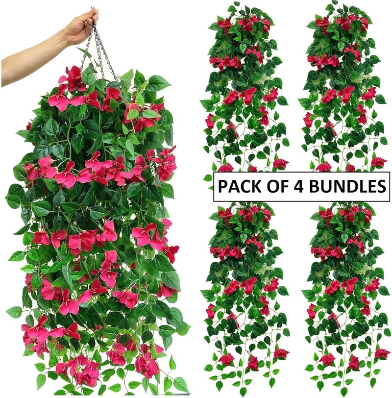 swerchor Pack of 4pcs Artificial Hanging Bougainvillea Silk Plastic Flower Vines Faux Plant for Indoor Outdoor Home Farmhouse Garden Porch Eave Wall Fence Wedding Party Decor (Fuchsia) - Image 3