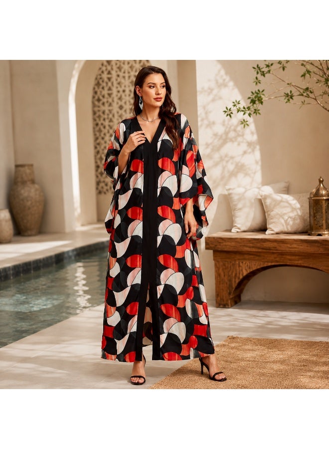 غطاء شاطئ ماكسي نسائي مطبوع مفتوح من الأمام بأكمام واسعة - Image 4