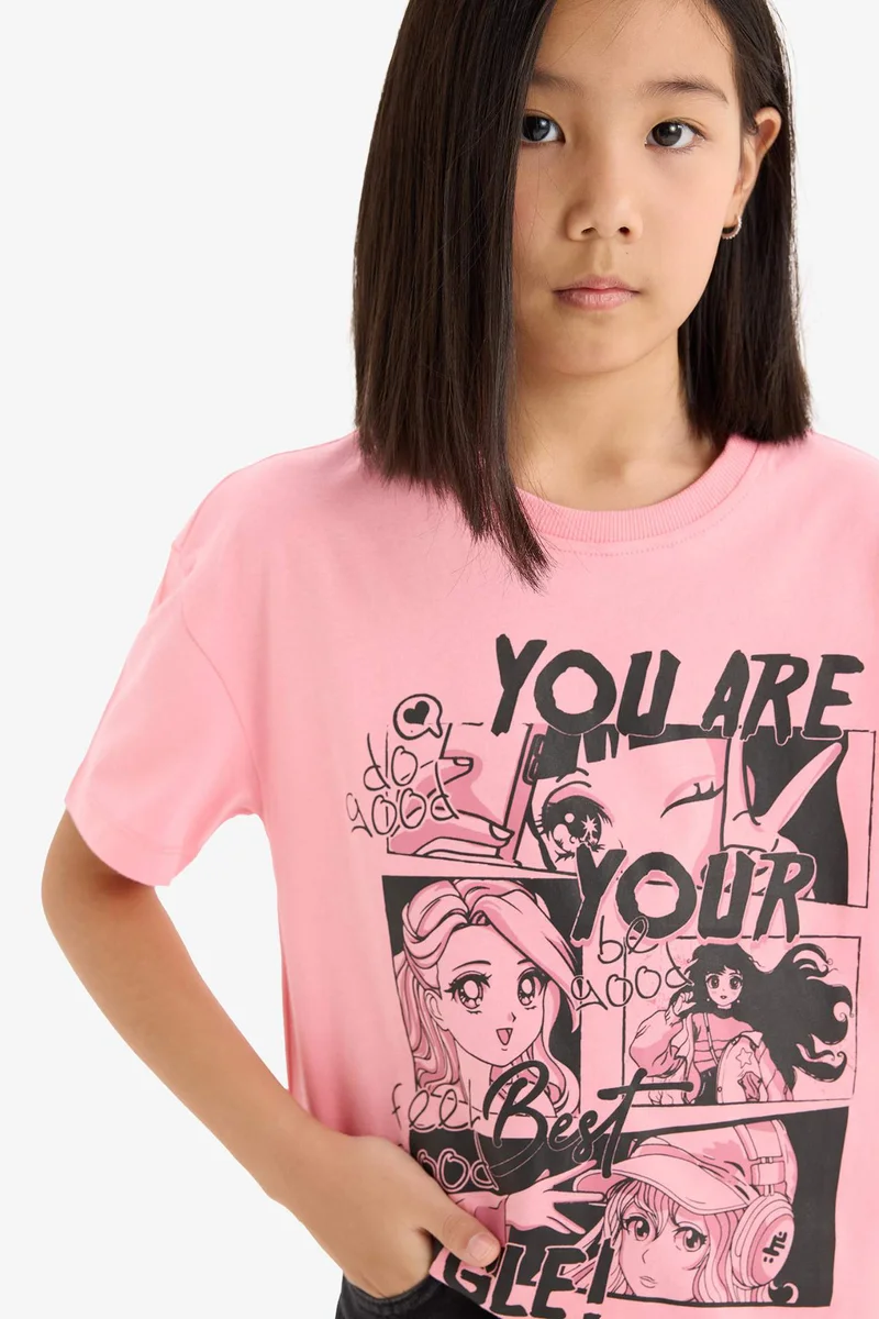 ديفاكتو Girl Relax Fit Crew Neck Printed Short Sleeve T-Shirt