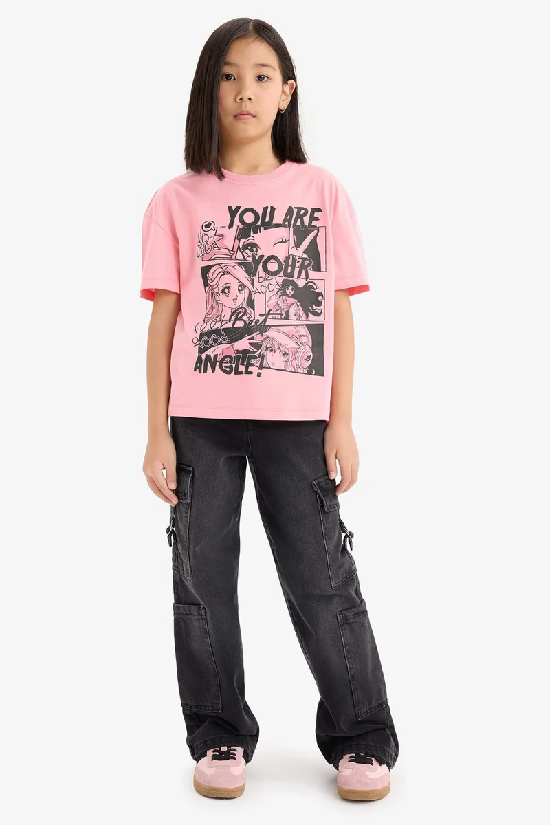 ديفاكتو Girl Relax Fit Crew Neck Printed Short Sleeve T-Shirt