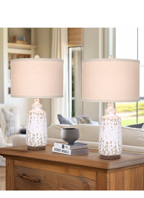 Table Lamp Set of 2 Retro Side Desk Lamp for Living Bed Room Home with Linen Lampshade
